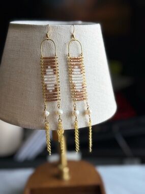 Gold & Rose Gold Beaded Dangle Earrings with freshwater Pearls